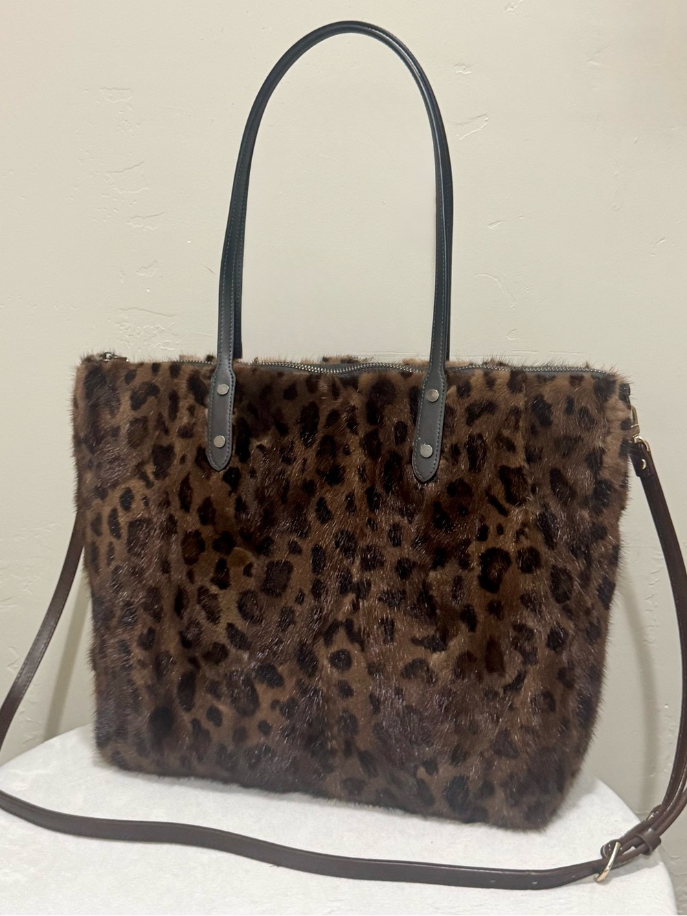 Handmade Leopard Print Real Mink Fur Oversized Tote, Includes Crossbody Strap